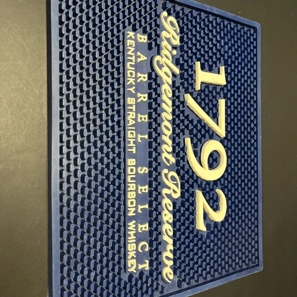 Ridgemont Reserve Bar Mat Blue 11x13 White Lettering Barrel Select Whiskey